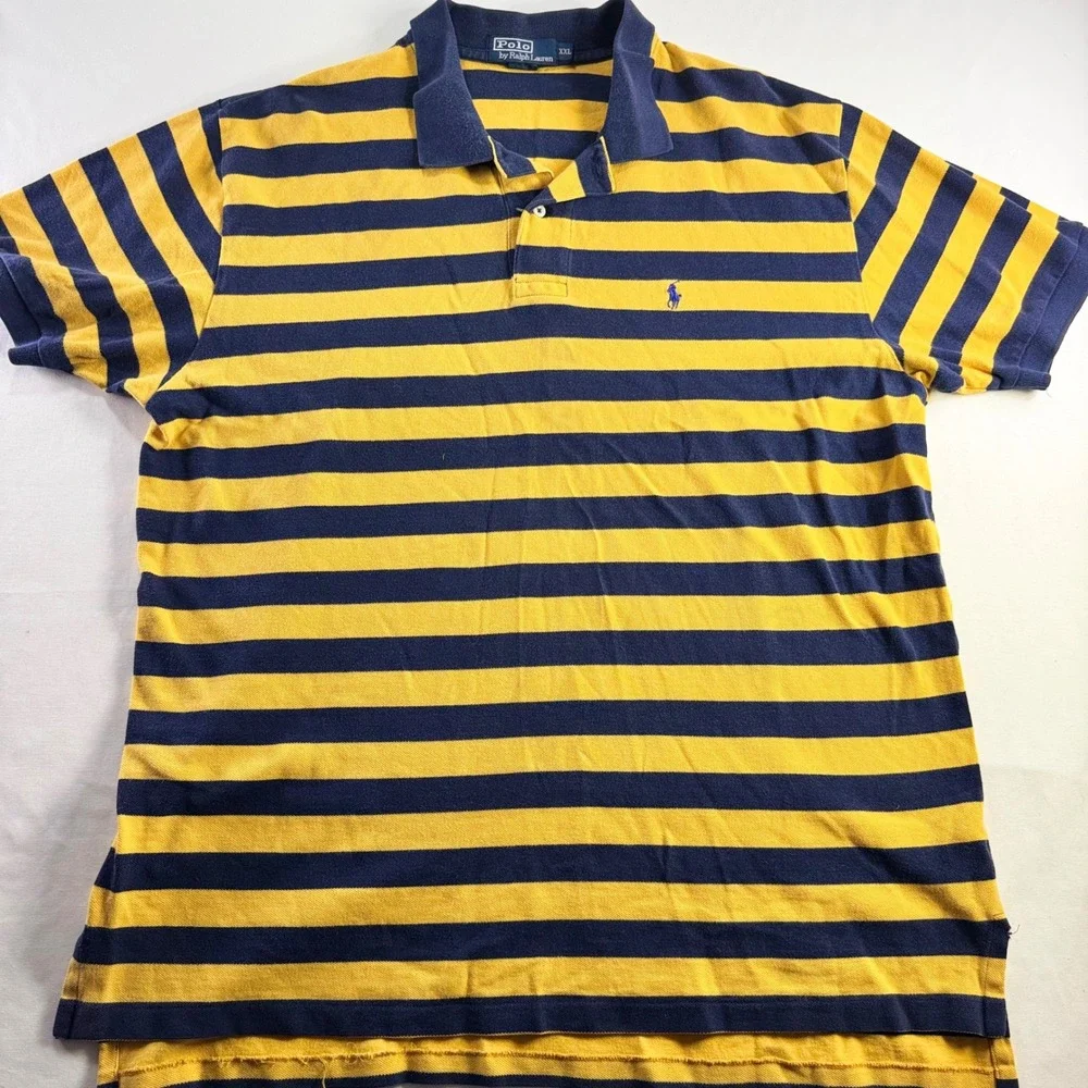 Polo Ralph Lauren Polo Shirt Mens XXL Yellow Navy Blue Striped Cotton Pique Pony